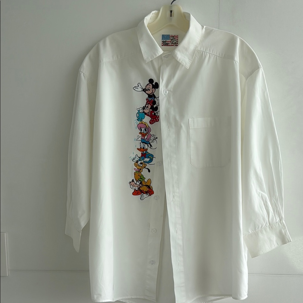 Too Cute Vintage Mickey and Friends Embroidered White Button Down Shirt